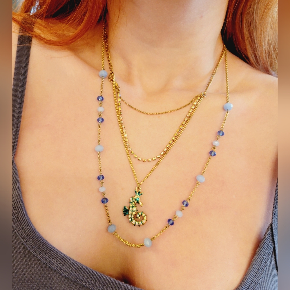 Betsey Johnson Gold Layered Necklace with Blue Beads and Green Seahorse Charm
